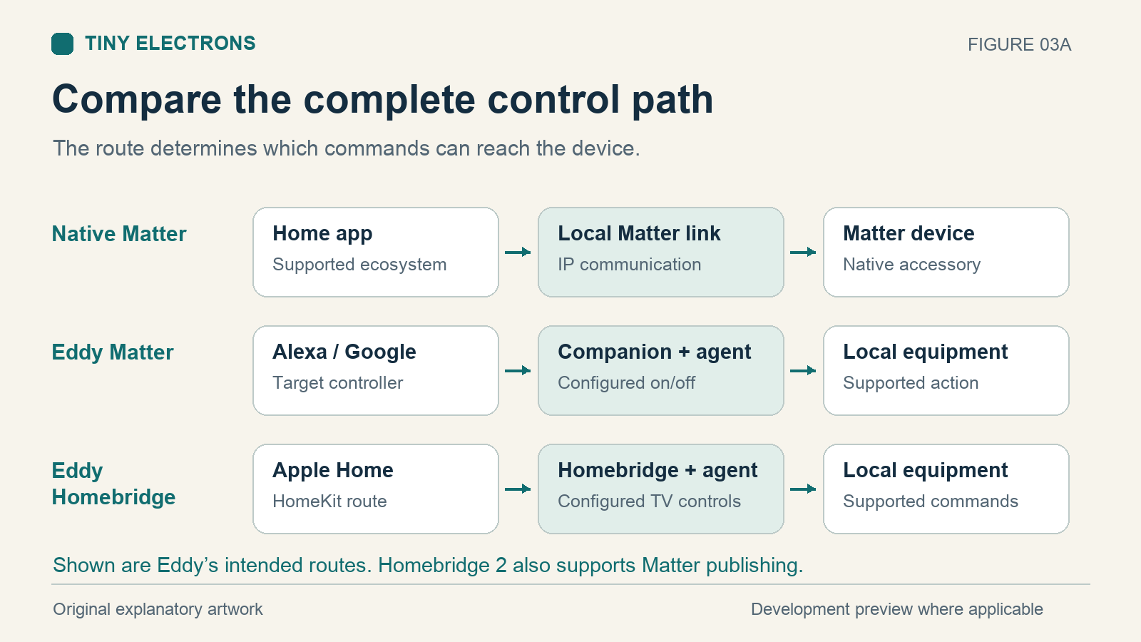 Three control paths showing a native Matter accessory, an Eddy Matter bridge for Alexa or Google Home, and an Eddy Homebridge connection for Apple Home